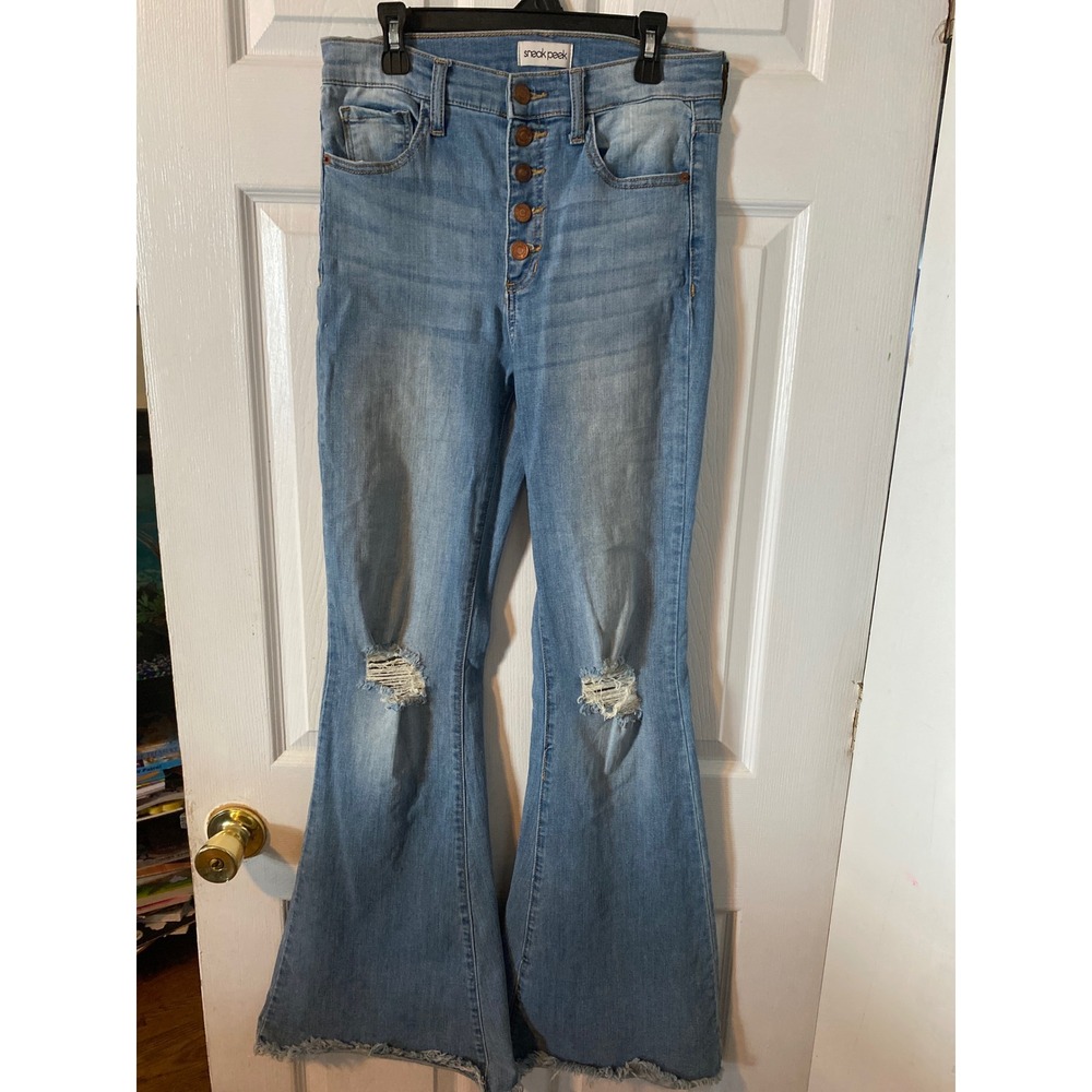 Sneak Peek High Rise Distressed Flare Jeans Light Wash Button Fly Size 5/27